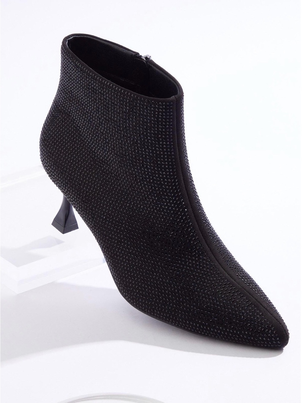Women's Black Rhinestones Embellished Pointed-Toe Ankle Boot 2 inch heel